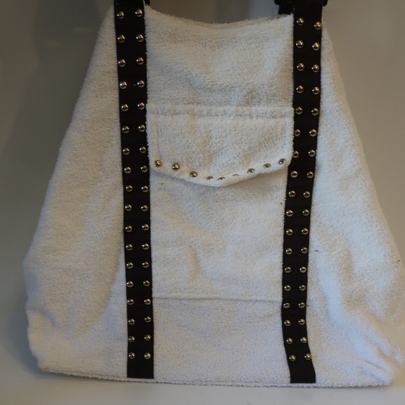 Womens Shay Todd White Brown Gold Studded Terry Cloth Tote Shoulder Handbag * - Picture 4 of 12